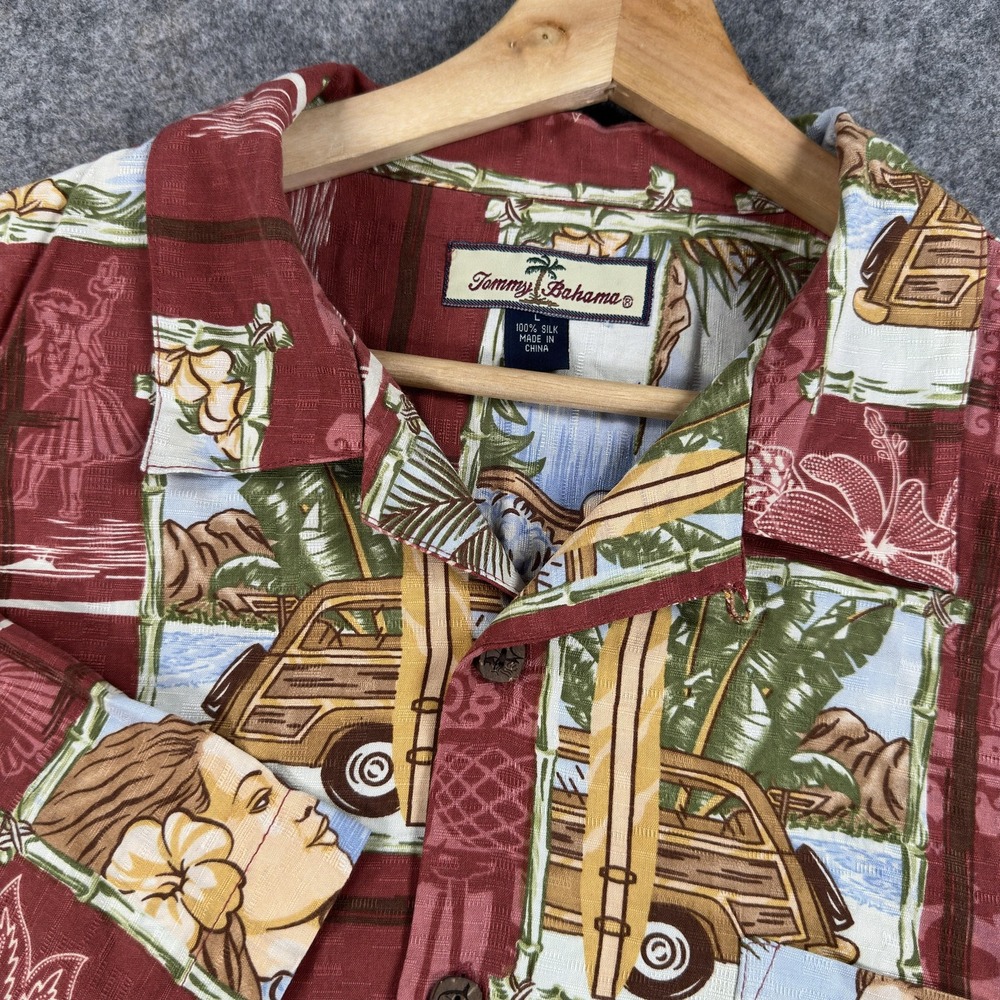 Tommy Bahama Shirt Mens Large Red Silk Hawaiian Scenic Aloha Hula Girl